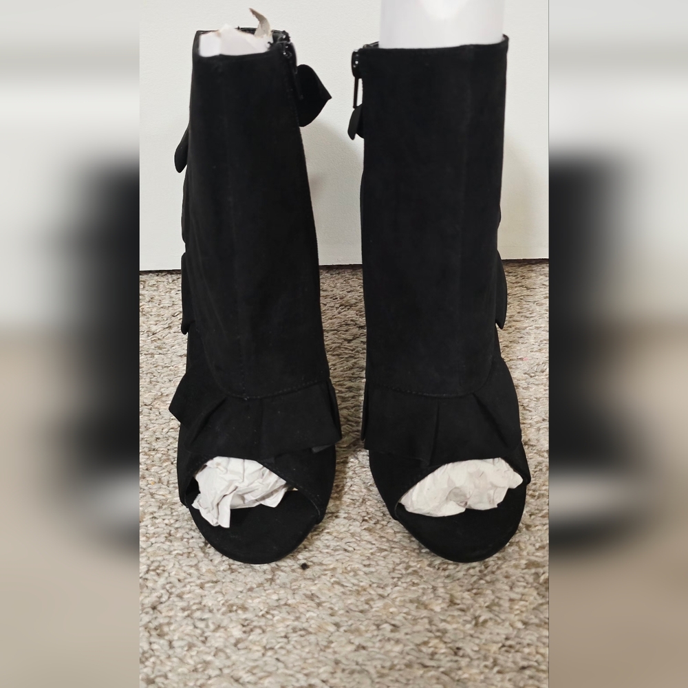 JustFab Black Ruffle Peep-Toe Ankle Booties - Picture 2 of 4